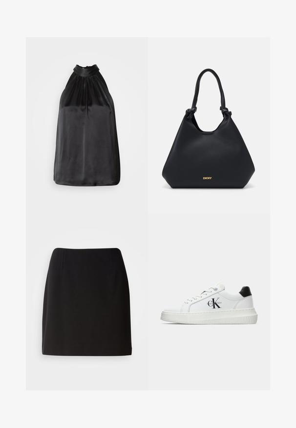 Mustat satiinihalterneck-toppi, jossa on gathered-kangas kaula-aukon ympärillä ja sujuva, virtaava muotoilu. Suora helma, jossa ei ole näkyviä kuvioita tai yksityiskohtia.; Musta ribattu hihaton paita, jossa on pyöreä pääntie ja ohuet olkaimet. Keskellä edessä on pieni, kolmiomainen strassikoriste.; Musta hame, jossa on tiukka siluetti, ja se on valmistettu sileästä kankaasta. Siinä on hienovaraiset etupleaatit ja keskimittainen pituus.; Valkoiset matalat tennarit, joissa on musta kantapää, alustasolki, nauhat ja Calvin Kleinin "CK" logo sivuilla.; Musta nahkainen käsilaukku tekstuuripinnalla, solmittuja kahvoja korostamassa ja kultainen logo yksityiskohtana pohjassa. Ominaisuutena rennon muotoilu.