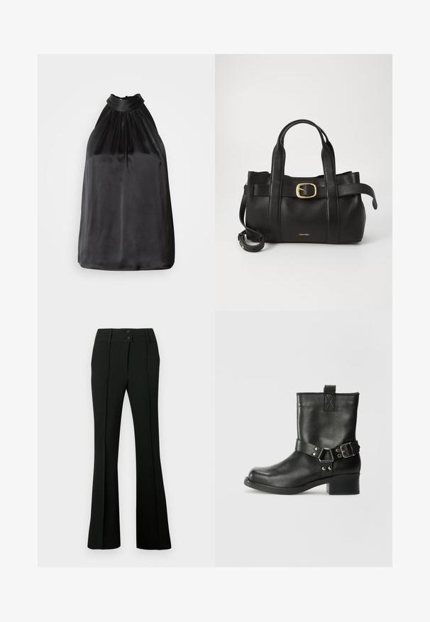 Melnas satīna haltera kakla blūze ar savilktu audumu pie kakla un gludu, plūstošu dizainu. Taisna apakša bez redzamām rakstu vai akcentu.; Melnas skāriena bikses ar gludu audumu, augstu vidukļa jostu ar divām pogām un priekšējām krokām, kas nodrošina piegrieztu izskatu.; Samsøe Samsøe SABRENTA - Kovboju/motociklistu tipa puszābaki - black; Melnas ādas rokassoma ar strukturētu dizainu, divām augšējām rokturām, zelta toņa sprādzes akcentu un iegravētu zīmola logo priekšpusē.
