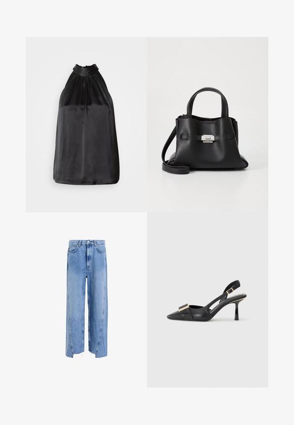 Sort satin halterneck top med samlet stof ved halsudskæringen og et glat, flydende design. Lige kant uden synlige mønstre eller accenter.; Lyseblå denimjeans med løs pasform, høj talje, brede ben, rå kanter og synlige syninger.; Sort læder slingback sko med spids tå, slank hæl og guldfarvet hardware detalje på forfoden. Glat tekstur og struktureret design.; Sort læderhåndtaske med en tekstureret overflade, der har to bærehåndtag, en aftagelig skulderrem og en detalje med sølvspænde.