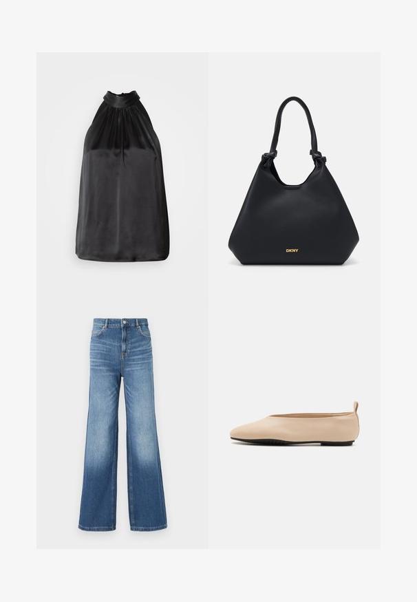 Must mustrahalne kaelusega must satiinpaita, millel on kokku pandud kangas kaeluse juures ja sujuv, voolav disain. Sirge hem, ilma nähtavate mustrite või aksessuaarideta.; Heled sinine denim laiad püksid kõrge vöökoha ja viie taskuga, vööaasadega ning kerge fade-efektiga hemmi suunas.; Bežid nahkkinged balleti sussid madala profiiliga, ümar varvas ja must kummitald, väike tagumine aas mugavaks jalga panemiseks.; Mustast nahast kott, millel on tekstureeritud viimistlus, sõlmitud käepidemed ja kuldne logo detail aluses. Omab vabalt voolavat siluetti.