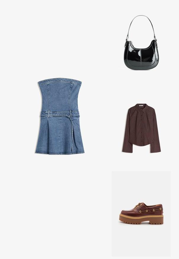 Camicia a maniche lunghe marrone con bottoni, con sottili strisce verticali bianche e colletto a punta, appoggiata su uno sfondo bianco.; Abito in denim con corpetto strutturato, colore blu, gonna svasata e dettagli plissettati. Presenta una vita regolabile e chiusura con zip.; Scarpa da barca in pelle marrone con suola in gomma marrone robusta, occhielli dorati e cuciture a contrasto. Presenta un logo sul lato.; Borsa a mano in pelle verniciata nera, con design curvo, chiusura con zip e un solo manico a spalla caratterizzato da hardware e cuciture in tono argento.