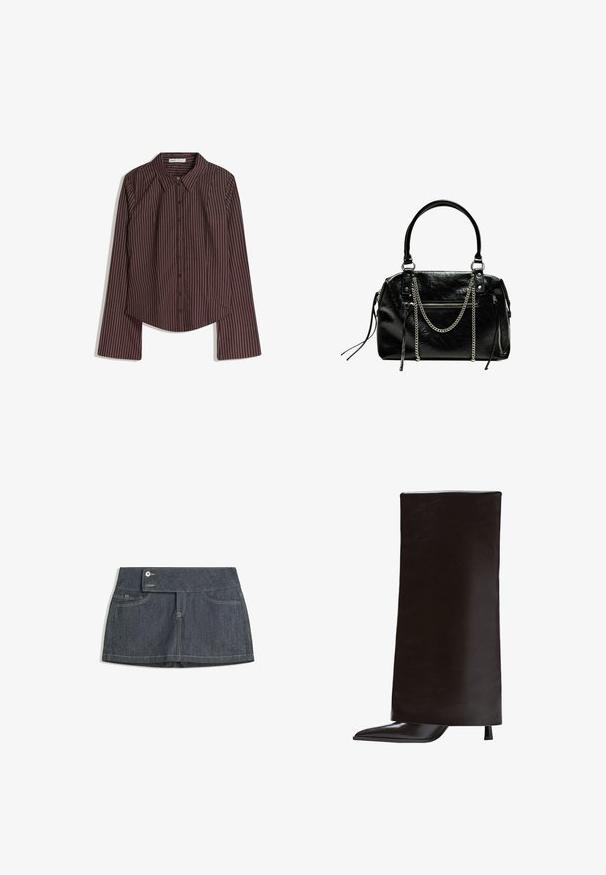 Brown long-sleeve button-up shirt with white fine vertical stripes and a pointed collar, laid flat on a white background.; Dark denim skirt with a high waistband, featuring two front pockets, a button closure, and contrasting stitching along the edges.; Black knee-high boot made of smooth leather, featuring a pointed toe and a narrow heel. Minimalist design with a sleek, structured silhouette.; Bershka WITH CHAIN - Handbag - black