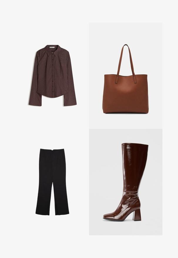Braun kariertes Langarm-Hemd mit weißen feinen vertikalen Streifen und spitzem Kragen, flach auf einem weißen Hintergrund ausgelegt.; Schwarze Hose mit geradem Schnitt, ausgestattet mit Fronttaschen und Seitenschlitzen am Saum. Hergestellt aus weichem, glattem Stoff. Geeignet für verschiedene Anlässe.; Knöchelhohe braune Lacklederstiefel mit quadratischer Spitze, glänzender Oberfläche und stabilen Blockabsätzen. Nahtloses Design ohne sichtbare Beschläge.; Braune Leder-Tote mit glatter Textur, offenem Oberteil und zwei Schulterriemen. Verfügt über minimale Nähte und keine sichtbaren Beschläge.