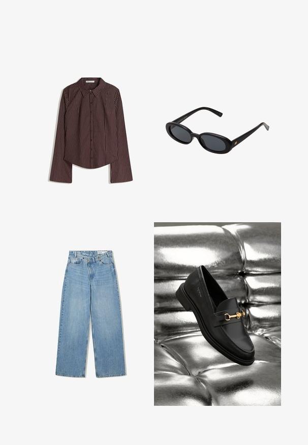 Rjava srajca z dolgimi rokavi in gumbi, z belimi tankimi navpičnimi črtami in koničastim ovratnikom, razporejena na belem ozadju.; Svetlo modri široki kavbojki iz denima, ki imajo visok pas, pet žepov, zapiranje na gumb in subtilno zbledelost za teksturo.; Črne usnjene loafers čevlje s podrobnostjo iz zlatega tona. Čevlj je oblikovan v elegantnem slogu in ima gladko, sijočo teksturo.; Črne oversize sončne očala z ovalnimi lečami, gladkim plastičnim okvirjem in zlatenimi detajli na templjih. Temne leče zagotavljajo zaščito pred soncem.; Mehakna rjava torbica v hobo stilu z enim širokim trakom in ukrivljenim odprtjem na vrhu, prikazana na beli podlagi.