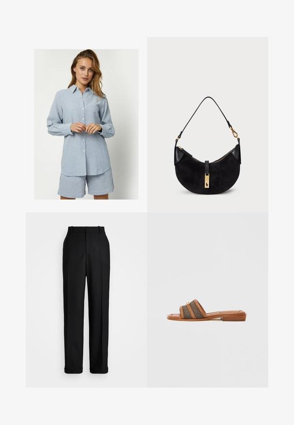 Sajūgs ar svītrainu krekliņu ar pogām zila un baltā krāsā, garām piedurknēm, brīvā siluetā, savienots ar saskaņojošām šortiem. Kokvilnas audums ar gludu tekstūru.; Polo Ralph Lauren HIGH RISE RELAXED STRAIGHT TROUSER - Auduma bikses - black; Brūna slaida sandale ar divām platiem auduma siksniņām tumšā rakstā, ar plakanu papēdi un zelta detaļām.; Melnā rokas soma ar izliekta formu, izgatavota no zamšādas un ādas, ar zelta toņa rāvējslēdzēju un logo detaļu. Iekļauta īsā rokturi.
