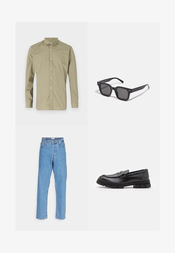 Olīvzaļu pogājamā krekls ar izteikta kolerijas, garām piedurknēm un gludu tekstūru, ar caurspīdīgām plastikāta pogām priekšpusē.; Gaiši zils augstā jostasvietā taisna kāja džinsi ar priekšējo pogu, rāvējslēdzēja aizdari, jostu cilpām un piecu kabatu dizainu uz balta fona.; Melni ādas loafers ar gludu apdari, ar priekšējo siksniņu un masīvu gumijas zoli ar izgriezumiem.; Melnas taisnstūra saulesbrilles ar tumšiem stikliem, kuras iezīmē bieza rāmja konstrukcija, diskrēti akcenti sānos, un nav redzamu logo ārpus zīmola nosaukuma.