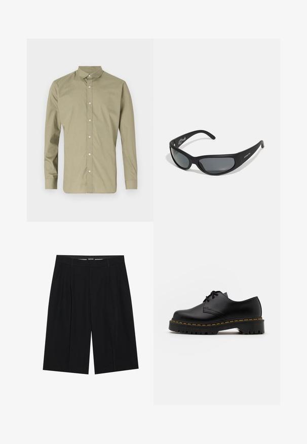 Alyvuogių žalumo mygtukų marškiniai su smailiu apykakle, ilgomis rankovėmis ir lygaus paviršiaus, su skaidriais plastikiniais mygtukais priekyje.; YOURTURN SUMMERISH SUIT TROUSERS UNISEX - Šortai - black; Juoda odinė lakuota avalynė su apvaliu pirštu, tekstūruota gumine padu ir geltona siūlelių apdaila aplink bazę. Lygus dizainas ir glotnus paviršius.; Juodos saulės akinius su lenkta forma ir tamsiais lęšiais. Turi matinį paviršių ir prekės ženklą "ARNETTE" šone.