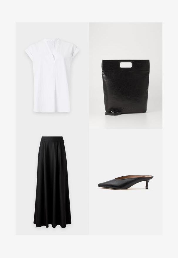 Weißes Kurzarmoberteil mit V-Ausschnitt, das mit Vorderfalten und einem leichten, strukturierten Stoff versehen ist. Minimalistischer und zeitgemäßer Stil.; Schwarzer, bodenlanger Rock mit glatter Textur, weitem Bund und plissiertem Design, ohne sichtbare Muster oder Verzierungen.; Schwarze Leder-Mules mit spitzem Zehenbereich und niedrigem Blockabsatz. Glatte Textur mit elegantem Design. Offene Rückseite mit minimaler Gestaltung.; Schwarze Leder-Tote-Tasche mit einem quadratischen Griff, ausgestattet mit einer strukturierten Oberfläche und geprägtem Logo. Inklusive abnehmbarem Tragegurt.