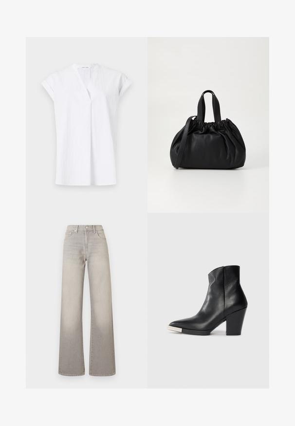 Valge lühikeste varrukatega T-särk V-kujulise kaelusega, esipaneelil voldid ja kerge tekstuuriga kangas. Minimaalsitlik ja kaasaegne stiil.; Hallide lai püksid hallis toonis, kahvatu viimistlusega, nööbiga kinnitamine, viie tasku disain ja õmbluste äärtes kaunistus.; Must mustaankle saapad terava nina, kõrge plokknina ja hõbedane varbakattega detail. Sile tekstuur ja lihtne disain.; Mustmust mustkott mustrihmaga ülaosa disainiga, millel on kaks lühikest käepidet ja pikk reguleeritav rihm. Sile tekstuur, ümar kuju.