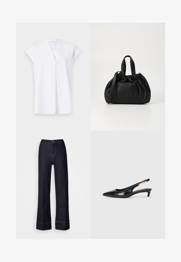 Bluză albă cu mâneci scurte și decolteu în V, având plisuri în față și un material ușor și texturat. Stil minimalist și contemporan.; Pantaloni din denim închis, cu picioare largi, cu o talie înaltă, având o închidere frontală cu nasture și cusături portocalii. Textură netedă pe toată suprafața.; Sandale slingback din piele neagră cu vârf ascuțit, având un toc subțire și un accent de culoare aurie pe curea ajustabilă. Textură netedă.; Geantă de mână din piele neagră cu un design cu partea superioară plisată, având două mânere scurte și o curea lungă ajustabilă. Textură netedă, formă rotunjită.