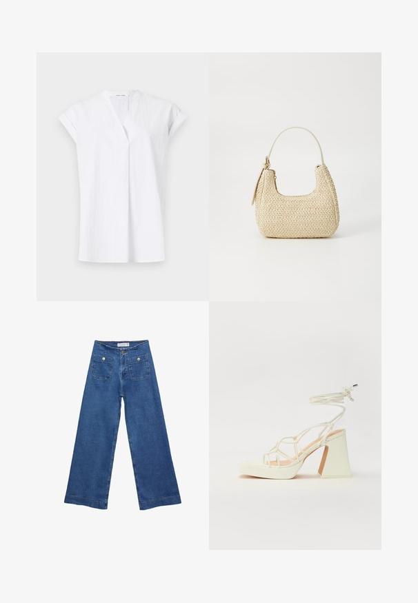 Top corto bianco a maniche corte con scollo a V, caratterizzato da pieghe frontali e un tessuto leggero e testurizzato. Stile minimalista e contemporaneo.; Jeans in denim a gamba larga con un lavaggio blu medio, due tasche frontali con chiusura a bottone e dettagli cuciti lungo gli orli.; Sandalo bianco con tacco alto, caratterizzato da un design a cinturini e un legaccio alla caviglia. Texture liscia con una piattaforma frontale per un'altezza aggiuntiva.; Borsa a tracolla intrecciata in paglia di colore beige, con una forma curva, manico corto e zip laterale. Presenta una superficie texturizzata e un design minimalista.