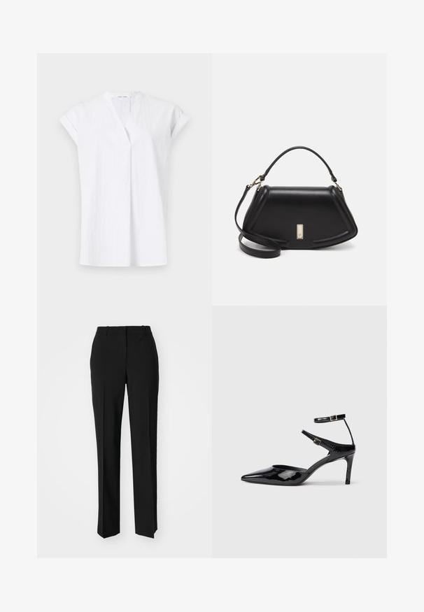 White short-sleeve top with a V-neck design, featuring front pleats and a lightweight, textured fabric. Minimalist and contemporary style.; Black tailored trousers with a straight-leg design, featuring a smooth texture and crisp creases along the front. No visible hardware.; Black patent leather heels with a pointed toe, adjustable ankle straps, and a slender heel. Smooth texture with a shiny finish.; Black leather handbag with a structured design, featuring a cropped shape, top handle, and gold hardware accent. Adjustable shoulder strap included.