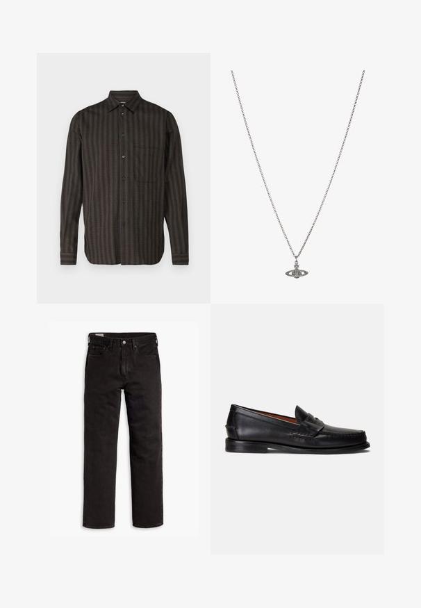 Lange mouw shirt in donkergroen ruitpatroon, met knoopsluiting aan de voorkant, enkele borstzak, gemaakt van een gestructureerde stof met subtiele strepen.; Witte katoenen T-shirt met korte mouwen, ronde hals en subtiele Levi's logo gedrukt in het midden. Zachte textuur en standaard pasvorm.; Zwarte recht gesneden denim jeans met vijf zakken, knoopsluiting en riemlussen, plat gelegd op een witte achtergrond.; Zwarte leren loafers met een gladde afwerking, een afgeronde neus en een decoratief bandje over de wreef. Voorzien van een lage zwarte zool.; Zilveren ketting met een gedetailleerde hanger in de vorm van een planeet, versierd met kleine accenten en verfijnde patronen.