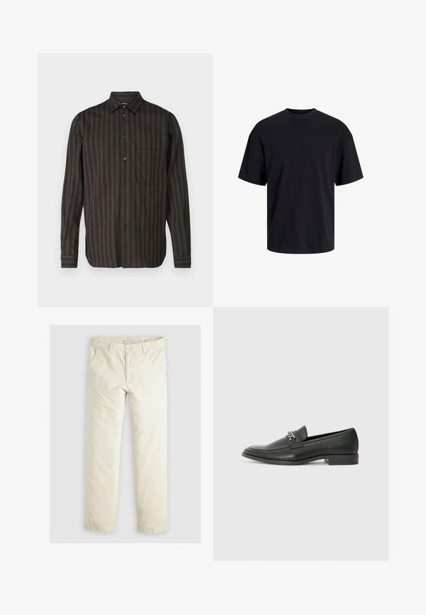 Langarmshirt im dunkelgrünen Karomuster, mit durchgehender Knopfleiste, einer Brusttasche, aus strukturiertem Stoff mit dezenten Streifen.; Schwarzes Baumwoll-T-Shirt mit Rundhalsausschnitt, kurzen Ärmeln und lässiger Passform. Glatte Oberflächenstruktur und keine sichtbaren Muster oder Akzente.; Helle beigefarbene, lässig geschnittene Hose mit drei Taschen, Gürtelschlaufen und geradem Bein. Hergestellt aus einem weichen Baumwoll-Mix.; Schwarzer Lederloafer mit glatter Oberfläche, ausgestattet mit einer gesteppten Gestaltung und einem dekorativen Metallkettendetail über dem Vorderblatt. Flacher Absatz.