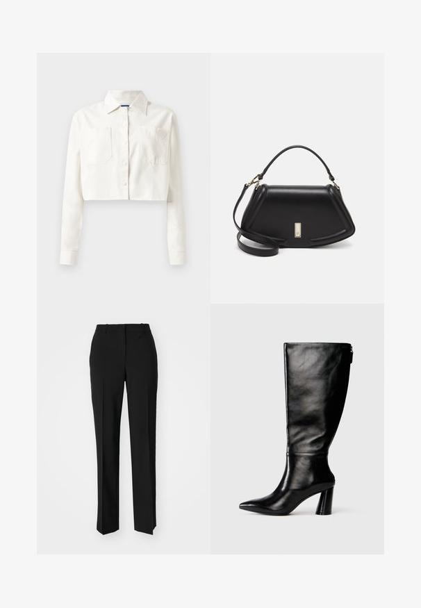 Cropped white shirt made of cotton, featuring long sleeves, a pointed collar, two front pockets, and a heart logo on the left pocket.; Black tailored trousers with a straight-leg design, featuring a smooth texture and crisp creases along the front. No visible hardware.; Knee-high black leather boot with a pointed toe, smooth texture, and a chunky heel. Features a zipper detail at the back.; Black leather handbag with a structured design, featuring a cropped shape, top handle, and gold hardware accent. Adjustable shoulder strap included.