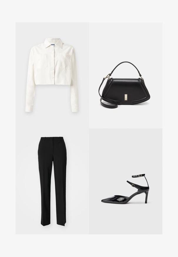 Zkrácená bílá košile z bavlny, s dlouhými rukávy, špičatým límečkem, dvěma předními kapsami a logem srdce na levé kapse.; Černé kalhoty na míru se střihem do rovna, které mají hladkou texturu a ostré sklady na přední straně. Bez viditelného kování.; Černé lakované kožené lodičky s špičatou špičkou, nastavitelnými nártními pásky a štíhlým podpatkem. Hladký povrch s lesklým povrchem.; Černá kožená kabelka se strukturovaným designem, jejíž tvar je zkrácený, má horní rukojeť a zlaté kovové detaily. Součástí je i nastavitelný ramenní popruh.