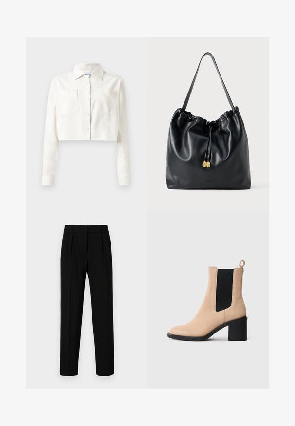Chemise blanche coupée en coton, dotée de manches longues, d'un col pointu, de deux poches avant et d'un logo en forme de cœur sur la poche gauche.; Pantalons noirs ajustés avec une coupe droite, devant plissé, tissu brillant et taille moyenne. Pas de poches visibles ni de détails métalliques.; Bottine en suede beige avec un talon bloqué, présentant un gousset élastique noir et une languette à l'arrière. Texture lisse et design à bout rond.; Sac en cuir noir avec cordon de serrage, texture lisse, partie supérieure froncée et matériel doré discret. Dispose d'une seule sangle robuste et d'un logo embossé.