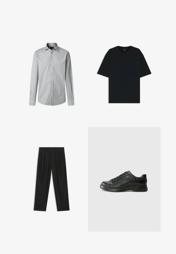 Gestreept overhemd met lange mouwen, voorzien van verticale strepen in lichtblauw, marineblauw en wit, met een klassieke kraag en een normale pasvorm.; Zwarte katoenen T-shirt met een ronde hals en korte mouwen. Heeft een losse pasvorm en een eenvoudig ontwerp zonder patronen of accenten.; Zwarte broek met een geplooid ontwerp, wijde pijpen en een zachte textuur. Voorzien van een rode taillebandlabel.; Zwarte leren sneaker met een gestructureerde bovenkant, gevoerde kraag en rode logo-details. Heeft een dikke rubberen zool met een opvallend loopvlakpatroon.