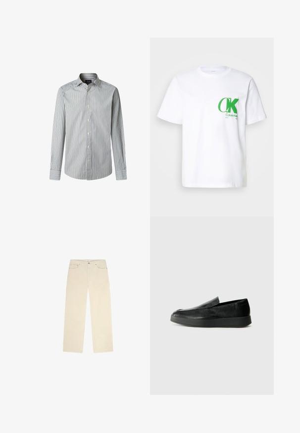 Camicetta a righe, maniche lunghe, con righe verticali in azzurro chiaro, blu navy e bianco, dotata di colletto classico e vestibilità regolare.; T-shirt bianca in cotone con logo CK verde sul lato sinistro del petto. Design a girocollo classico con maniche corte e orlo dritto.; Pantaloni di velluto a coste beige con design a gamba dritta, dotati di due tasche frontali e di una sottile texture a coste. Inclusi dettagli in metallo.; Calvin Klein HYBRID CUP - Scarpe senza lacci - triple black