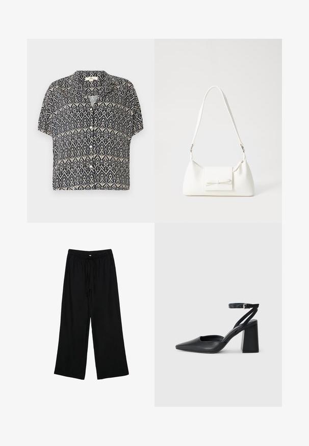Camicia a maniche corte, con bottoni, di colore blu navy, caratterizzata da un motivo geometrico color crema. Tessuto leggero con una vestibilità comoda e colletto.; Pantaloni neri leggeri a gamba larga con vita elastica e cordino. Texture liscia, senza motivi o componenti visibili.; Pump in pelle nera con punta affusolata, cinturino alla caviglia e tacco spesso. Texture piatta, design elegante ed estetica minimalista.; Borsa sintetica bianca a forma triangolare, con patta anteriore piatta e dettaglio a fiocco, tracolla regolabile, texture liscia e design minimalista.