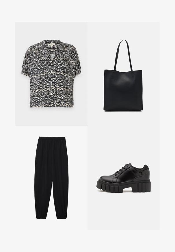 Camisa de manga corta con botones en color azul marino, que presenta un patrón geométrico en color crema. Tejido ligero con un corte relajado y cuello.; Pantalones negros, ligeros, con cintura elástica y tobillos fruncidos. La tela es suave y presenta un diseño relajado y ajustado.; Zapatos de plataforma de cuero negro con un tacón cuadrado grueso, punta redonda y diseño tradicional de cordones. Presenta una textura suave y un detalle minimalista.; Bolso tote de cuero negro con textura lisa, forma rectangular y dos asas largas. Sin herrajes ni adornos visibles.
