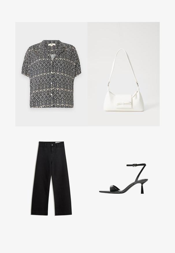 Kortärmad, knäppt skjorta i marinblått, med ett geometriskt mönster i krämfärg. Lättviktigt tyg med avspänd passform och krage.; Svarta vida denimbyxor med hög midja, med fram- och bakfickor, sydda sömmar och knappstängning. Slät textur.; Bershka Sandaletter - black; Vit syntetisk handväska med triangulär form, platt framklaff och rosettdetalj, justerbar rem, slät textur och minimalistisk design.
