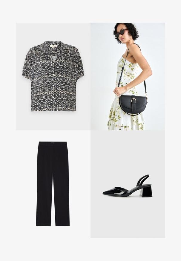 Camisa de manga corta con botones en color azul marino, que presenta un patrón geométrico en color crema. Tejido ligero con un corte relajado y cuello.; Pantalones de pana negra con corte recto, que cuentan con una cinturilla plana y sin bolsillos visibles, textura suave y detalle de acolchado vertical.; Zapatos de tacón slingback de charol negro con punta afilada y tacón geométrico en bloque. Presentan un diseño elegante y minimalista, así como una textura suave.; Bolso de piel negra con forma curva, correa desmontable y herrajes dorados. El bolso cuenta con una solapa con un detalle de hebilla.