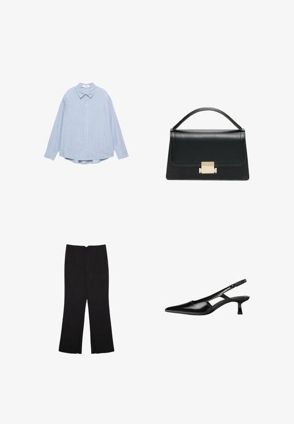 Light blue striped long-sleeve shirt with a button-up front, classic collar, and rounded hem. Made from woven fabric with a soft texture.; Black trousers with a straight fit, featuring front pockets and side slits at the hem. Made of soft, smooth fabric. Suitable for various occasions.; Black patent leather slingback heels with a pointed toe, cut-out side design, and a small square heel. Smooth texture with minimal accents.; Black leather handbag with a structured design, top handle, and a gold metal clasp detail on the front. Smooth texture, minimal stitching.