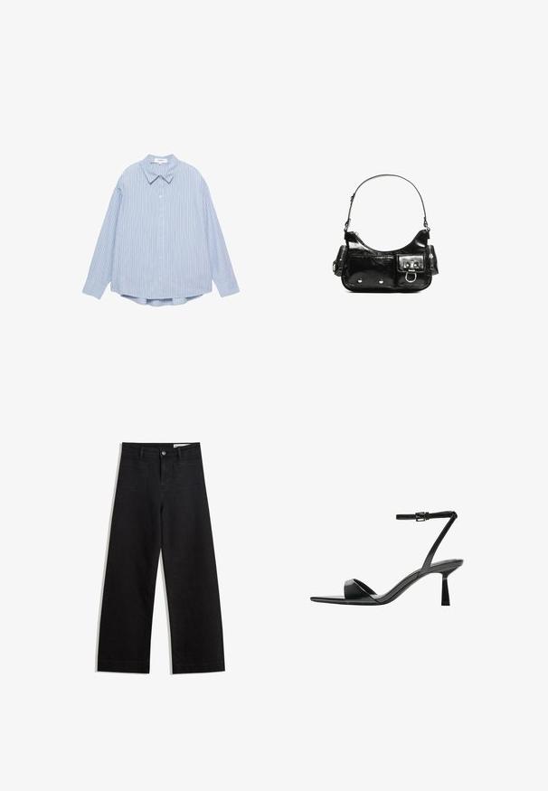 Lysblå stribet langærmet skjorte med knaplukning fortil, klassisk krave og rundet kant. Fremstillet af vævet stof med en blød tekstur.; Sorte wide-leg denim bukser med høj talje, der har front- og baglommer, syede sømme og en knaplukning. Glat tekstur.; Bershka Højhælede sandaletter / Højhælede sandaler - black; Sort patenteret læder håndtaske med en buet form, en skulderrem, frontlommer og hardware accenter i sølvfarve.