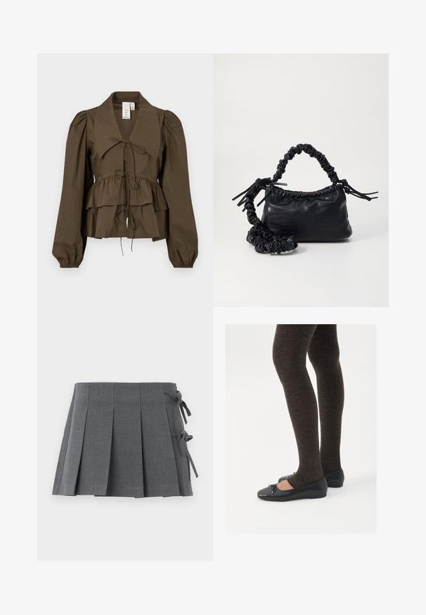 Blouse peplum brune avec un large col, des manches longues bouffantes et un détail de nœud à l'avant. Fabriquée en tissu coton léger avec une texture douce.; Jupe plissée grise avec ceinture à liens, confectionnée dans un tissu texturé, avec une coupe épurée et sans matériel visible.; Chaussures plates noires avec un petit nœud au niveau des orteils, associées à des collants côtelés marron foncé. Les chaussures ont une texture lisse et un profil bas.; Sac à main en simili cuir noir avec une texture crocodile, un dessus resserré et une sangle froncée. A l'apparence douce et compacte.