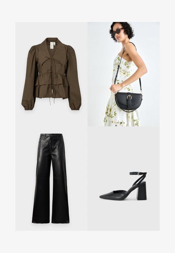 Brun peplum bluse med bred krave, puffede lange ærmer og frontbinding. Fremstillet af letvægtigt bomuldsstof med en glat tekstur.; Sorte high-waisted bukser i bred ben i imiteret læder med forreste knap, lynlås, bæltestropper og sidelommer på hvid baggrund.; Sort læder spidse pumps med ankelrem og en chunky hæl. Flad tekstur, slankt design og minimalistisk æstetik.; Sort læderhåndtaske med en buet form, aftagelig rem og guldfinish. Tasken har en klap med en spænde detalje.