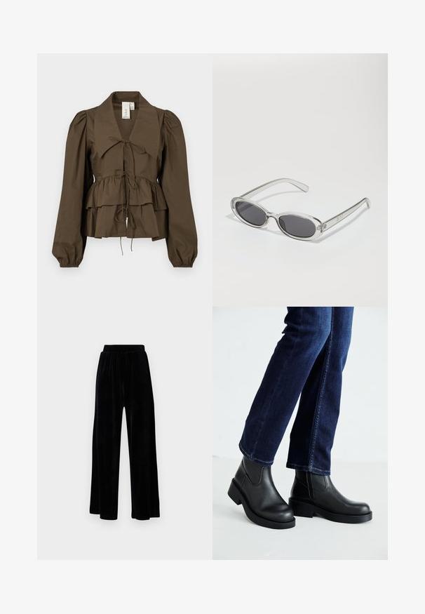 Brūns pepluma blūze ar plašu apkakli, pūkainām garām piedurknēm un priekšējo saišu detalizāciju. Izgatavota no viegla kokvilnas auduma ar gludu tekstūru.; Melni platajā stila bikses, izgatavotas no mīksta samta, ar elastīgu jostu un gludu tekstūru, bez redzamām detaļām vai rakstiem.; Melnas ādas potīšu zābaki ar masīvu zoli un sānu elastīgām daļām, kombinēti ar tumši ziliem džinsiem. Zeme ir gaišā krāsā.; Saulesbrilles ar ovālu formu, caurspīdīgu plastmasas rāmi, tumši pelēkiem stikliem un plāniem caurspīdīgiem kātiem, kas satur logotipa akcentus un minimālu noformējumu.