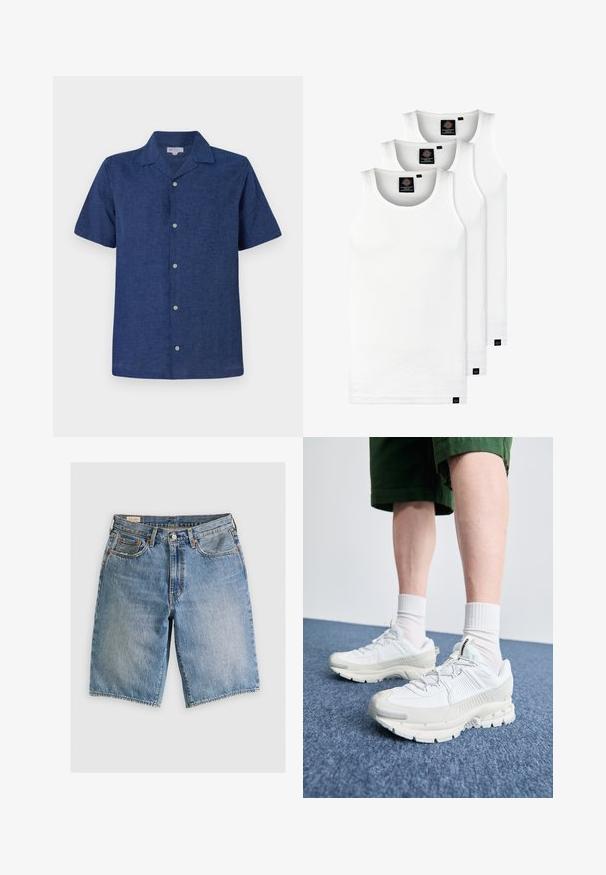 Chemise à manches courtes, bleu marine, en tissu respirant, avec un col, des boutons fonctionnels et une finition légèrement texturée.; Trois débardeurs blancs côtelés en coton. Présentent un col rond et de petites étiquettes noires près de l'ourlet. Disponibles en plusieurs tailles.; Shorts en denim bleu clair avec une coupe classique. Comprend cinq poches, des coutures orange et des ourlets à bord brut.; Des chaussures de sport blanches avec des superpositions texturées, une semelle épaisse et des accents gris. Portées avec des chaussettes blanches et des shorts verts sur une surface bleue.