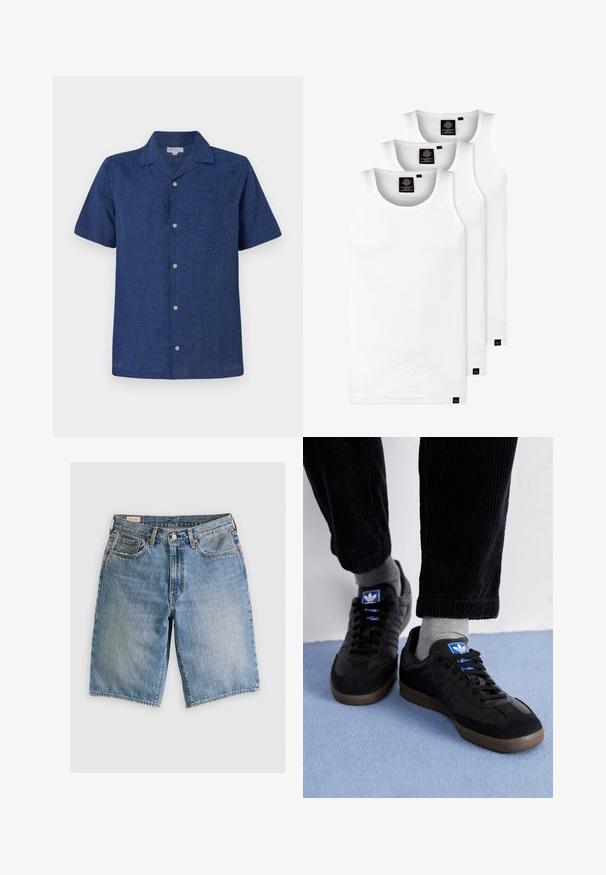 Chemise à manches courtes, bleu marine, en tissu respirant, avec un col, des boutons fonctionnels et une finition légèrement texturée.; Trois débardeurs blancs côtelés en coton. Présentent un col rond et de petites étiquettes noires près de l'ourlet. Disponibles en plusieurs tailles.; Shorts en denim bleu clair avec une coupe classique. Comprend cinq poches, des coutures orange et des ourlets à bord brut.; Baskets noires en suède et cuir, avec un logo bleu et une semelle en caoutchouc marron. Associées à des chaussettes grises et un pantalon en velours côtelé.