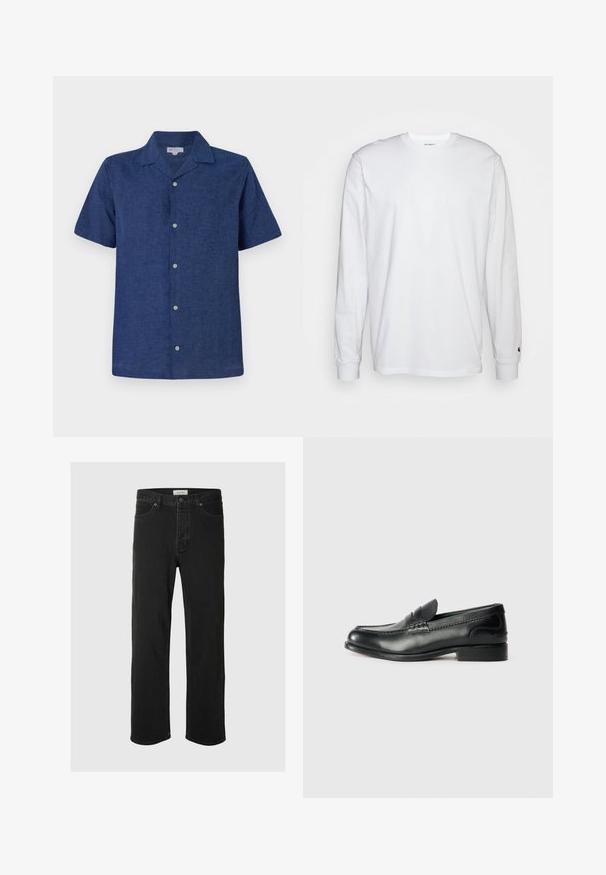 Krátký rukáv, tmavě modrá košile vyrobená z prodyšné tkaniny, s límečkem, funkčními knoflíky a mírně texturovaným povrchem.; Bílá dlouhá tričko s dlouhými rukávy vyrobené z bavlny. Design s kulatým výstřihem, žebrované manžety a malé logo na levém rukávu. Hladká textura.; Černé džíny rovného střihu mají klasický design se pěti kapsami, zapínání na knoflík, minimální švy a jemnou texturu.; Černé kožené mokasíny s hladkým povrchem, prošívanými detaily na svršku a mírně zvýšeným podpatkem.