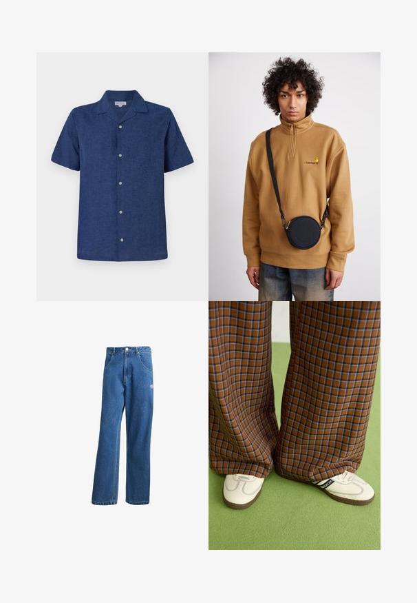 Κοντομάνικο μπλε πουκάμισο από αναπνεύσιμο ύφασμα, με γιακά, λειτουργικά κουμπιά και ελαφρώς υφή.; Μπλε τζιν παντελόνι με ψηλή μέση, φαρδιά μπατζάκια, μπροστινές τσέπες, θηλιές ζώνης, κλείσιμο με κουμπί και μικρό λογότυπο Adidas στο δεξί μηρό.; Καφέ και μπλε καρό παντελόνια με φαρδιά πόδια, σε συνδυασμό με λευκά παπούτσια που έχουν μαύρες λεπτομέρειες και υφασμάτινες σόλες, τοποθετημένα σε πράσινο φόντο.; Καφέ φλις πουλόβερ με κουμπί quarter-zip και κεντημένο λογότυπο, συνδυασμένο με μια μαύρη στρογγυλή τσάντα χιαστί με φερμουάρ και λεπτομέρεια λογότυπου, φορεμένο πάνω από τζιν.