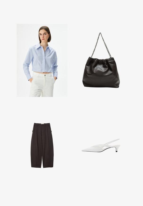 Krótką niebiesko-białą koszulę w paski z ostrym kołnierzykiem, z zapięciem na guziki i długimi rękawami, noszoną z białymi spodniami wysokiego stanu.; Czarne spodnie o szerokich nogawkach wykonane z gładkiego materiału, z wysokim stanem, plisami z przodu i bocznymi kieszeniami. Prosty fason bez zdobień.; Biała szpilka na odkrytej pięcie z ostrym noskiem, charakteryzująca się gładką cholewką, subtelnymi wycięciami i niskim obcasem w kształcie bloku. Czarna podeszwa podkreśla design.; Brązowa skórzana torba z marszczonym szczytem i łańcuszkowym paskiem. Gładka tekstura z błyszczącym wykończeniem i subtelnymi detalami szwów po bokach.