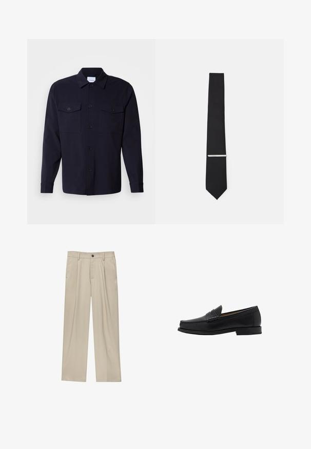 Temno modra srajčna jakna iz mehkega materiala, z dvema žepoma na prsih, gumbom zapenjanjem in dolgimi rokavi z gumbnimi manšetami.; Bež hlače ravnega kroja, z enim črnim gumbom, zanke za pas in stranskimi žepi. Gladka tekstura tkanine in minimalističen dizajn.; Mango Elegantni čevlji brez vezalk - black; Črna kravata iz gladkega blaga, z ozko širino in srebrnim sponko za kravato, ki poudarja njen dizajn.
