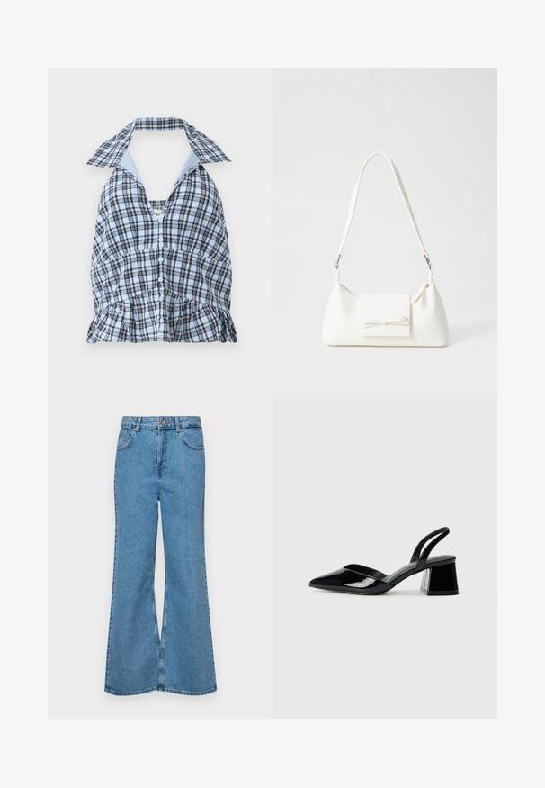 Blue and white checkered halter top with a deep V-neck, button closure, and ruffled hem. Features a contrasting light blue collar.; Light blue flared jeans made of denim, featuring a high waist, five pockets, and a single button closure. Soft texture with faded finish.; Black patent leather slingback heels with a pointed toe and a geometric block heel. Features a sleek, minimal design and smooth texture.; White synthetic handbag with a triangular shape, flat front flap and bow detail, adjustable strap, smooth texture, and minimalistic design.