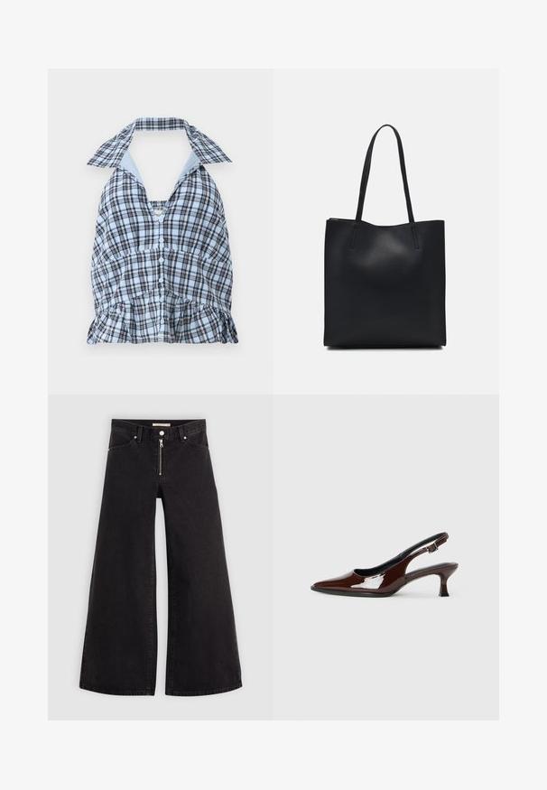 Mėlynai ir baltai languota halterio viršutinė dalis su giliu V formos iškirpimu, mygtukų uždarymu ir raukinėta apatine dalimi. Papuošta kontrastinga šviesiai mėlyna apykakle.; Plačios kojų džinsai iš juodo džinsinio audinio su užtrauktuku priekyje, penkių kišenių dizainu ir subtiliais siuvinėjimo akcentais. Lygus paviršius ir laisvalaikio stilius.; Rudos lakuoti odiniai slingback batai su smailiu pirštu ir vidutinio aukščio kulnu. Yra sagties dirželis, užtikrinantis tvirtą prigludimą. Lygus paviršius.; Juodas odinis tote krepšys su lygia tekstūra, stačiakampio formos ir dviem ilgais rankenomis. Matomų metalinių detalių ar puošybos nėra.