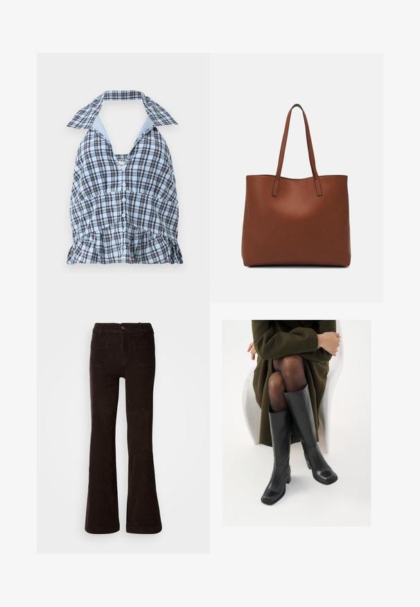 Top halter xadrez azul e branco com decote em V profundo, fecho de botão e bainha franzida. Apresenta uma gola azul clara em contraste.; Calças folgadas de veludo cotelê castanho com acabamento texturizado, apresentando fecho frontal com botões, passantes para cinto e dois bolsos traseiros.; Botas de couro pretas até ao joelho com biqueira quadrada e salto em bloco, apresentadas com um modelo sentado num casaco verde-azeitona. Textura lisa, com detalhes mínimos.; Bolsa tote de couro castanho com uma textura suave, design de abertura superior e duas alças para o ombro. Apresenta costura mínima e sem hardware visível.