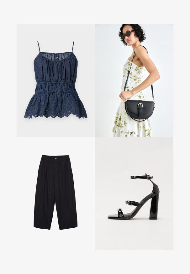 Tmavomodrý, bezramienkový peplum top s naťahovacím pásom a volánmi so zdobením v tvare kvetín. Vyrobený z ľahkej, štruktúrovanej látky.; Čierne polyesterové culotte nohavice s elastickým pásom, dvoma prednými záhybmi a voľným strihom. Žiadne viditeľné vzory ani detaily z kovu.; Čierne lakované sandále na vysokom opätku s dvoma prackami, štvorcovou špičkou a hrubým blokovým opätkom, s hladkou, lesklou textúrou.; Čierna kožená kabelka s zaobleným tvarom, odnímateľným popruhom a zlatými doplnkami. Kabelka má klopu s detailom s prackou.