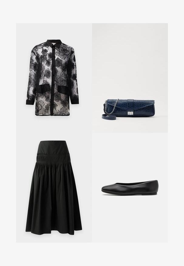 Black lace shirt with floral embroidery, featuring a button-down front, long sleeves, and two patch pockets at the waist.; Black knee-length skirt made of smooth fabric, featuring a fitted waistband and gathered design for fullness.; Paul Smith TOPANGA - Ballet pumps - black; Navy blue leather clutch with a crocodile texture, silver chain strap, and metallic clasp. Rectangular shape with foldover design.