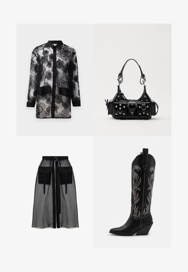 Czarna koronkowa koszula z kwiatowym haftem, z guzikiem z przodu, długimi rękawami i dwiema naszytymi kieszeniami w talii.; Czarna przezroczysta spódnica z marszczeniem w pasie, posiadająca dwie dużej wielkości kieszenie z przodu, pasek w talii oraz okrągły metalowy akcent.; Czarne skórzane kowbojskie buty z wydłużonymi noskami, obcasem typu koturn oraz srebrnymi haftowanymi wzorami kwiatowymi wzdłuż cholewy. Kontrastowe szwy na całej długości.; Czarna skórzana torebka w zakrzywionym kształcie, z srebrnymi ćwiekami, klamrą i dwoma bocznymi kieszeniami. Regulowany pasek umożliwiający różne opcje noszenia.