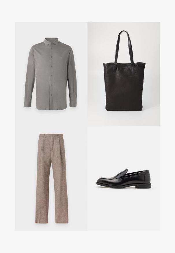 Szürke, hosszú ujjú ing sima anyagból, gombos elülső résszel, klasszikus gallérral és finoman hímzett logóval a mellen.; Barna, magas derekú nadrág texturált anyagból. Széles szárai és két elülső redője biztosítja a struktúrát. Ízléses kivitel, látható fémszerelés nélkül.; Fekete bőr loaferek sima textúrával, kerek orral és dekoratív pánttal a vampnál. Alacsony, rétegelt sarkú, minimalista dizájn.; Fekete vászontáska fekete bőr füllel. Egyszerű dizájn, tágas test és sima textúra. Nincsenek látható logók vagy minták.