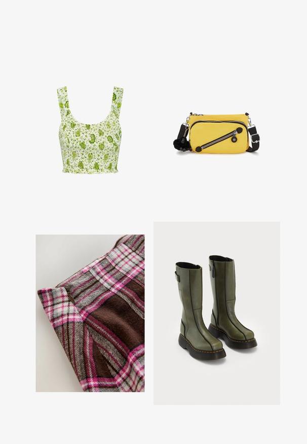 Top corto con fruncidos en tejido blanco con un patrón floral verde. Presenta tirantes anchos y una textura arrugada en toda su superficie.; Tela a cuadros marrón y rosa con acentos grises, que presenta una textura suave y un ligero brillo, acentuada por un detalle de cremallera visible.; Par de botas de cuero de color verde oliva hasta la mitad de la pantorrilla, con suelas gruesas negras y costuras naranjas, que cuentan con cremalleras laterales y un detalle de correa en la parte trasera superior.; Bolso cruzado amarillo con dos bolsillos con cremallera, acentos de cuero negro y un charm de pelaje. Cuenta con una correa ajustable y tela texturizada.