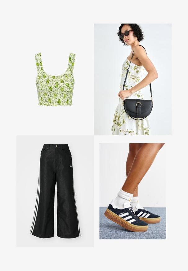 Balta audinio trumpa palaidinė su žaliais gėlėmis. Yra plačios petnešos ir susiraukšlėjusi struktūra visame paviršiuje.; Juodos plačios džinsinės kelnės su trimis baltais juostelėmis kiekvienoje pusėje ir mažu baltu logotipu. Yra priekiniai kišenės ir sagčių užsegimas.; Juodi zomšiniai sportbačiai su baltais dryžiais ir akcentais, apvalios nosies, guminio, gumos pado, derinami su baltais raitytais vidutinio ilgio kojinaitėmis.; Juodas odinis krepšys su išlenkta forma, nuimamu dirželiu ir auksiniais detalėmis. Krepšys turi kilpą su sagtimi.