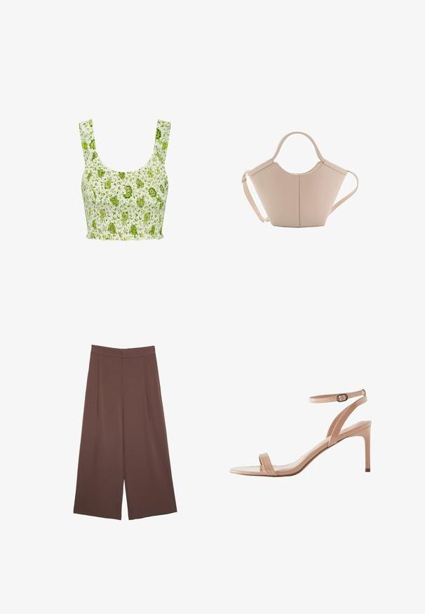 Top corto smockato in tessuto bianco con motivo floreale verde. Presenta spalline larghe e una texture arricciata su tutta la superficie.; Pantaloni ampi marroni con una texture liscia, caratterizzati da una vita alta e pieghe frontali. Il tessuto è leggero e scorre liberamente.; Next FOREVER COMFORT SIMPLE REGULAR FIT - Sandali - nude; Borsa in pelle beige con una forma unica, caratterizzata da due manici corti e una lunga tracolla regolabile. Texture liscia con hardware minimale.