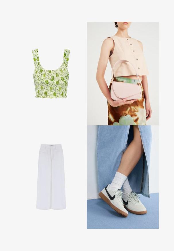 Gerimpelde crop top van witte stof met een groen bloemenpatroon. Kenmerkt zich door brede bandjes en een gegatherde structuur over de hele top.; Witte wijde broek met een gladde textuur, featuring twee frontzakken en een knoopsluiting, ontworpen voor een relaxte pasvorm.; Nike-sneakers met een lichtgrijs suède bovenwerk, zwarte swoosh-logo en een gumrubberen zool. G gedragen met witte geribbelde sokken en een blauwe denimrok.; Roze leren handtas met een gebogen klep, één schouderband en strakke lijnen. De tas vertoont een gladde textuur en een minimalistisch ontwerp.