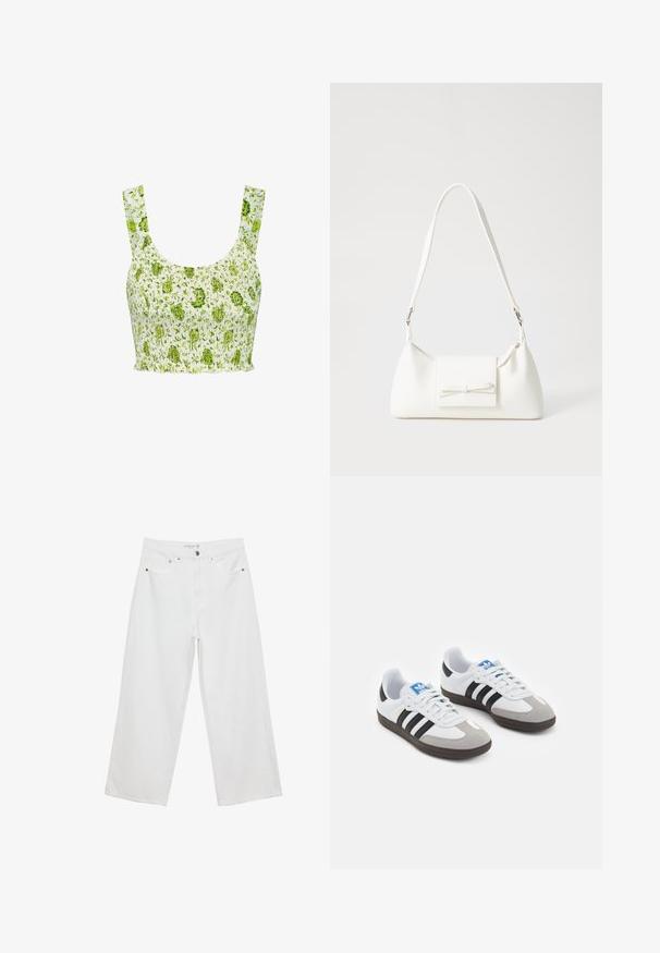 Smokirana kratka majica iz belega materiala z zelenim cvetličnim vzorcem. Ima široke naramnice in nabran videz.; Bele široke hlače iz denima, visoke pasu, z petimi žepi in kovinskimi dodatki. Gladek tekstur, brez vidnih vzorcev.; Športni čevlji z belim usnjenim zgornjim delom, sivim semišem na prstih in tremi črnimi črtami. Imajo modro logo na jeziku in teksturiran gumijast podplat.; Bela sintetična torbica v obliki trikotnika, z ravnim sprednjim poklopcem in detajlom mašne, nastavljivim trakom, gladko teksturo in minimalističnim dizajnom.